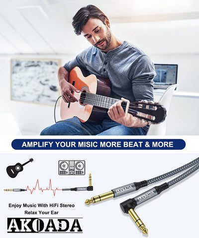 AkoaDa 1/4 Inch TRS Instrument Cable (20 ft 2Pack), Right Angle 6.35mm Male Jack Stereo Audio Interconnect Cord,Compatible for Bass,Keyboard,Mixer,Amplifier,Amp,ect