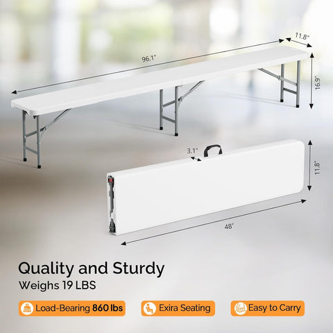 VINGLI 8 feet Plastic Folding Bench,Portable in/Outdoor Picnic Party Camping Dining Seat, Garden Soccer Multipurpose Entertaining Activities, Smooth HDPE Tabletop (2, White, 8ft)