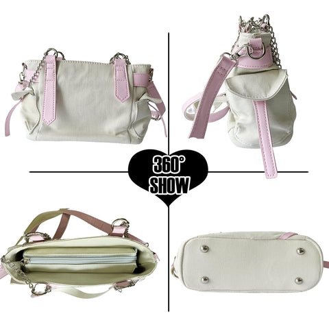 RILGOU Y2K Harajuku Kawaii Goth Casual Style Denim Cute Heart and Pink Belt Decor Adjustable Cross-body Shoulder Bag