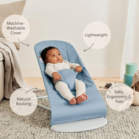 BabyBjörn Bouncer Bliss, Blue, Woven, Petal Quilt | 2-in-1 Adjustable Baby Bouncer Seat and Toddler Chair, Newborn to Toddler (8-29 lbs), 4 Positions, Lightweight & Portable
