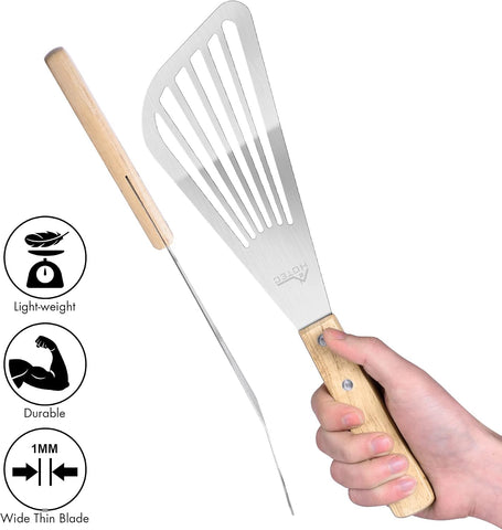 HOTEC 2-Pack Stainless Steel Fish Spatula, Wooden Handle