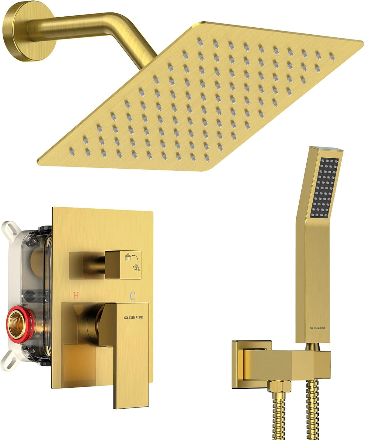SR SUN RISE Shower Faucet Set 8-Inch Rainfall Shower Head Brushed Gold