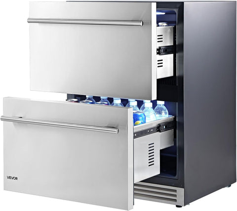 VEVOR Drawer Refrigerator, 24 in Undercounter Beverage Fridge, Large Capacity, Drink Cooler with 304 Stainless Steel Drawers, Temp Control, Powerful Compressor, for Kitchen, Office & Game Room