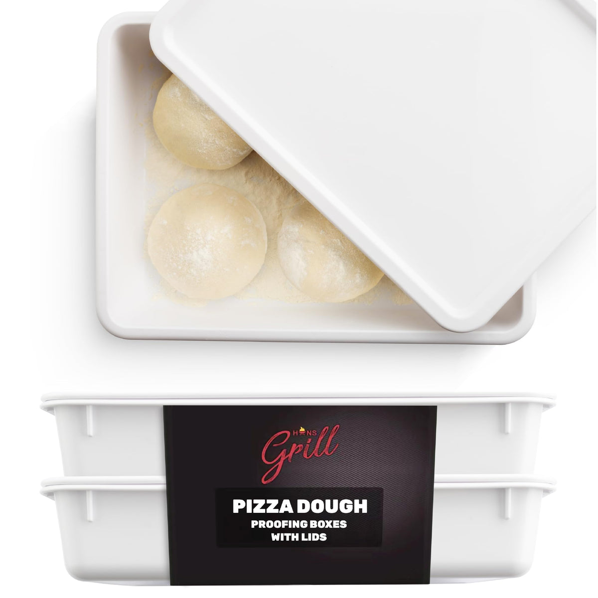 Hans Grill Pizza Dough Proofing Box - Pack of 2 Stackable BPA-Free Trays with Covers - Perfect as a Bread Proofing Box and Dough Container - Premium Quality Pizza Storage Container (2 Pack Large)