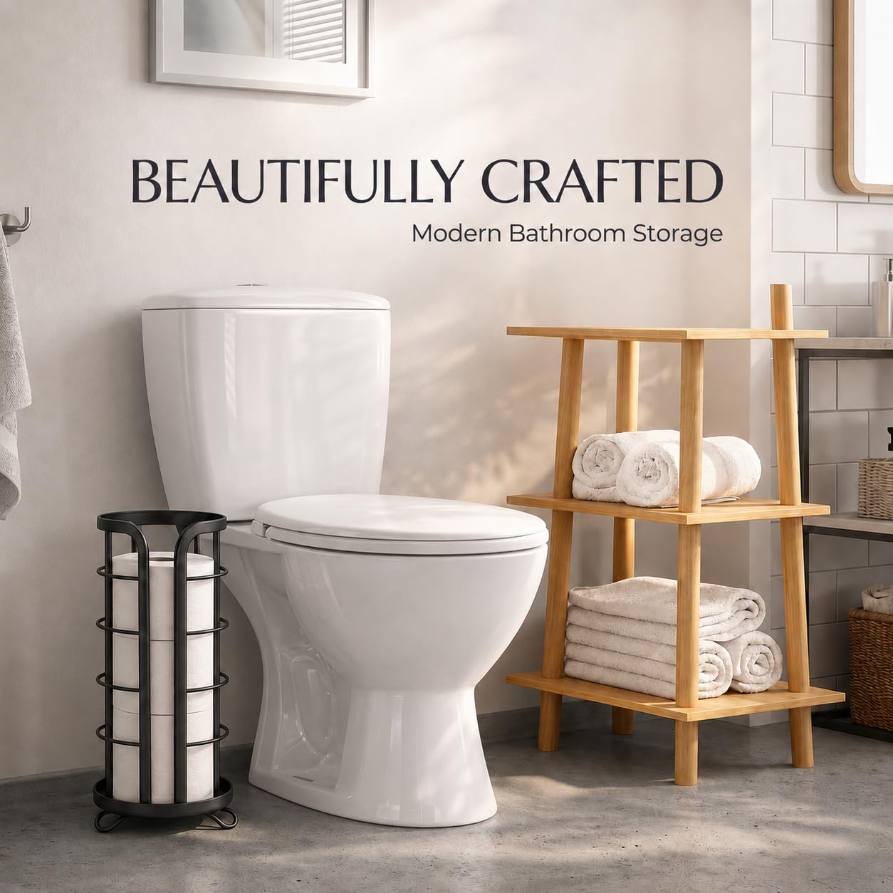 BROOKSTONE Toilet Paper Holder Stand Reserve - Free Standing Toilet Paper Stand with Storage that Holds Mega Rolls, Standing Bathroom Tissue Organizer, Bathroom Decor - Modern Storage Holder, Black
