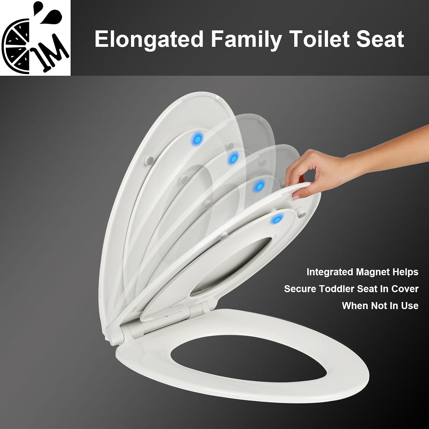 1M Family Toilet Seat, Patented Slow Close & Quick Releasing Technology, Anti-Wiggling, Easy to Install and Clean, Standard Elongated with Toddler Seat Built In (1 Piece)