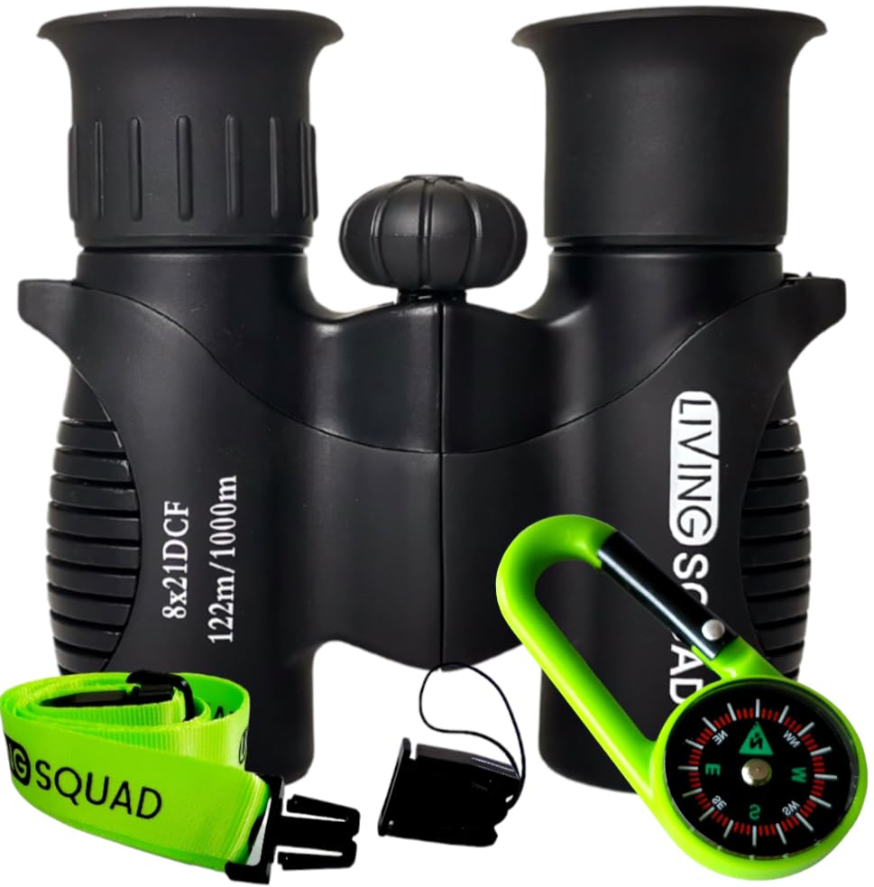 Living Squad Kids Binoculars 8x21 Black - Kids Age 3-12, Shock Proof Compact Binoculars for Kids with High Resolution Optics, Case, Neck Strap (8X21, Black/Black)