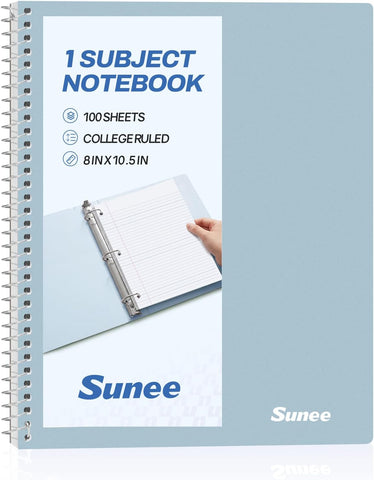 SUNEE Spiral Notebook, 1-Subject, College Ruled Paper, 8" x 10-1/2", 100 Sheets per Notebook, 3-Hole Punched Paper, Water Resistant Cover, Double-sided Pockets, Grey Blue