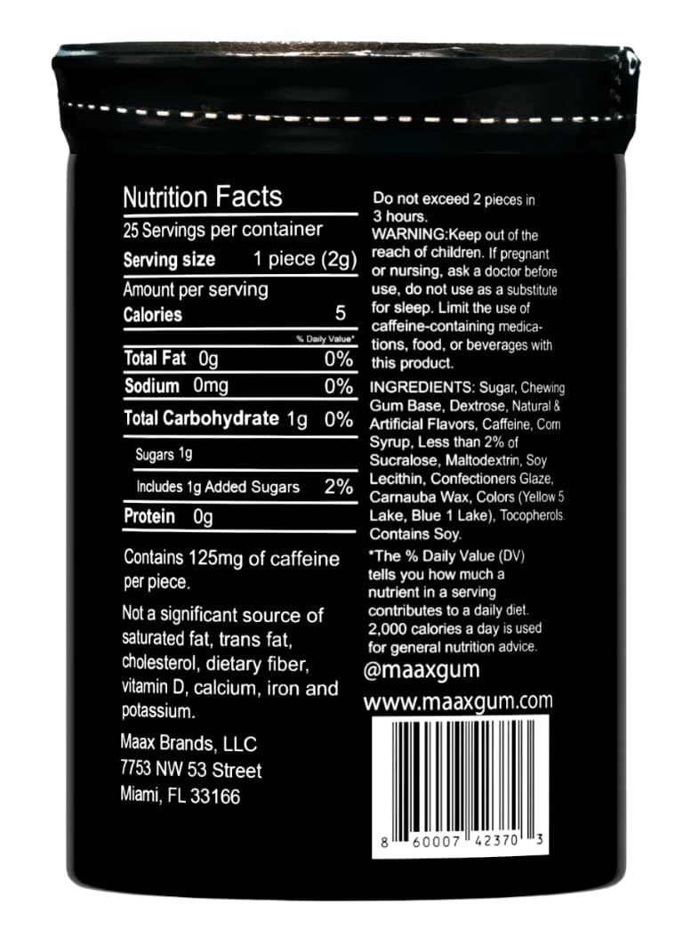 Maax Caffeine Energy Gum | 125mg of caffeine per piece | Spearmint | 25 pieces per container (Pack of 3)