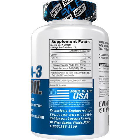 Evlution Nutrition Triple Strength Omega 3 Fish Oil - Burpless Fish Oil EPA DHA Omega 3 Supplement in Easy to Swallow Citrus Flavor Softgels - Enteric Coated Fish Oil Supplement - 120 Count