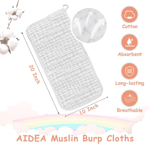 AIDEA Burp Cloths and Washcloths for Baby, Cotton Muslin Burp Cloths-10PK