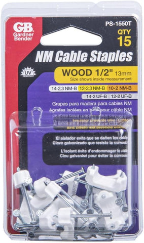 Gardner Bender PS-1550T Insulated Staples, ½ Inch., Secures Romex, UF & (NM) Non-Metalic Cable, Polyethylene - UV Resistant, Splinter Free, 15 Pk., White