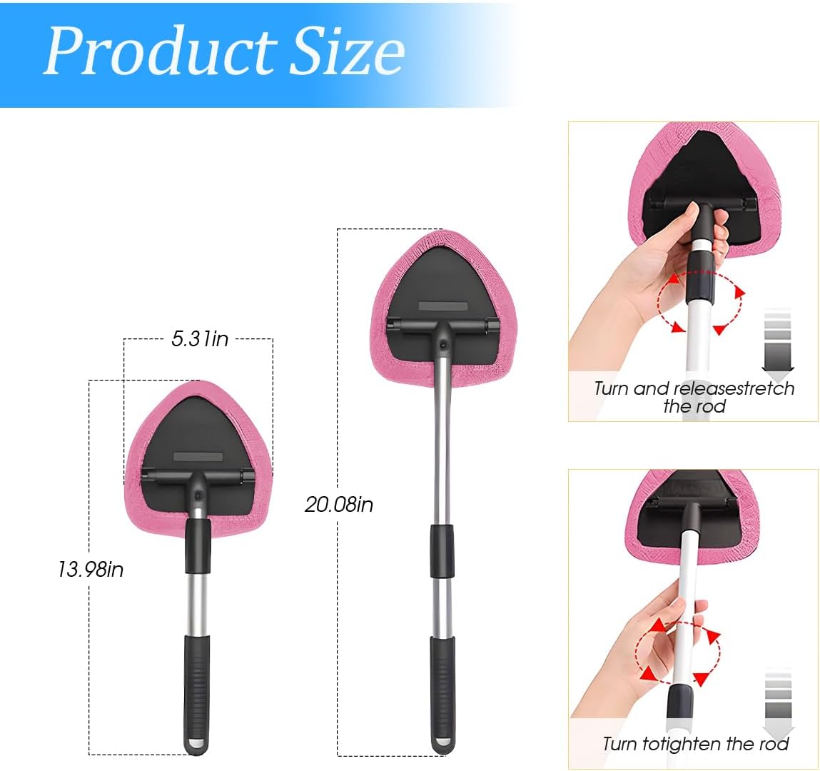 Extendable Car Windshield Cleaning Tool with Microfiber Pads, Pink