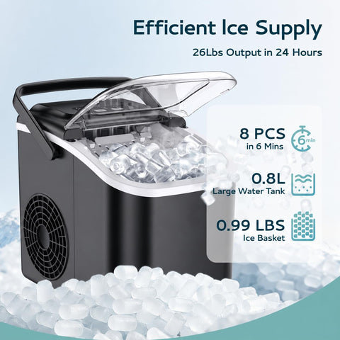 EKOJUCE Countertop Portable Ice Maker Machine, 26 Lbs/Day, Ice in 6 Minutes