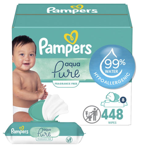 Pampers Aqua Pure Sensitive Baby Wipes, 99% Water, Hypoallergenic, Unscented Baby Wipes, 448 Baby Wipes Total (8 Flip-Top Packs)