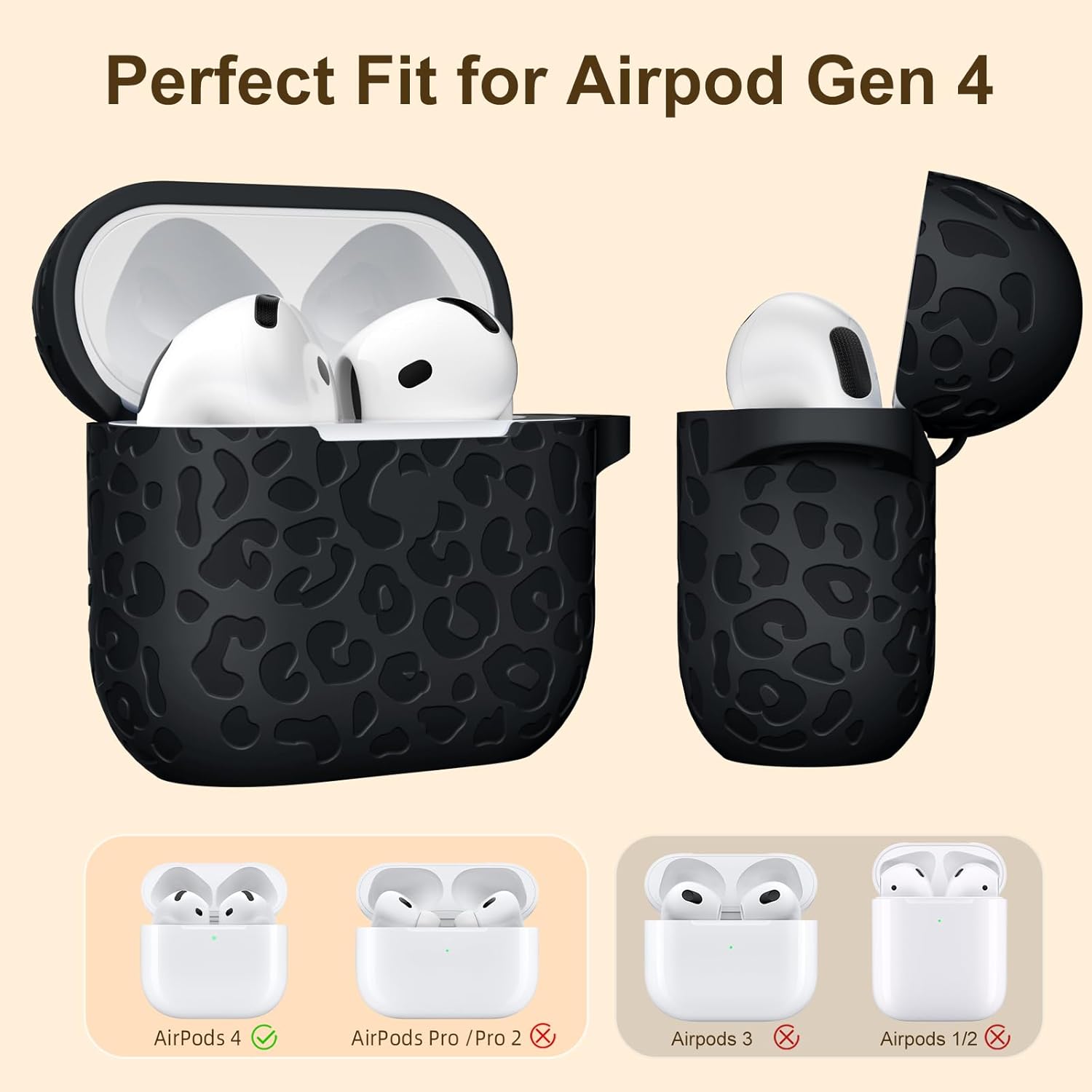 Leopard Engraved for AirPods 4 Case Cover 2024,Soft Silicone Protective Case Compatible with Apple AirPods 4th Generation Case for Women,Cute AirPod 4 Case Accessories with Keychain (Black)
