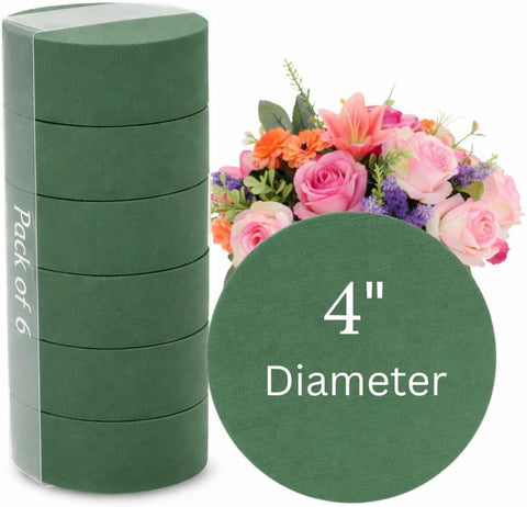 Pack of 6 FLOFARE Round Floral Foam Blocks for Fresh and Artificial Flowers, Each (4" X 1.4"), Dry & Wet Green Flower Foam for Flower Arrangements & Florist Supplies