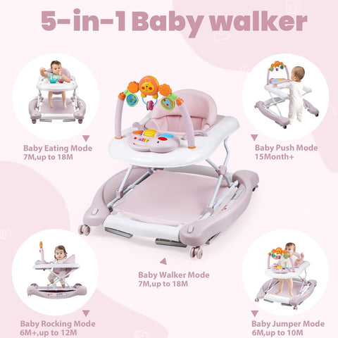 Boyro Baby Baby Walker, 5-in-1 Baby Walkers for Boys and Girls 6-12 Months with Bouncer, Removable Footrest, Feeding Tray & Music, Foldable & Adjustable Activity Walker for 6-18 Months Toddler Infant