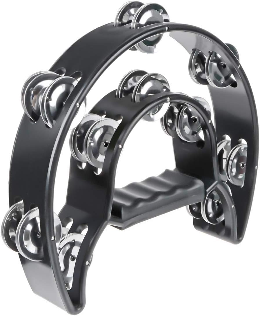 Half Moon Musical Tambourine Double Row Metal Jingles Hand Held Percussion Drum Multicolor for KTV Party with Ergonomic Handle Grip (Black)