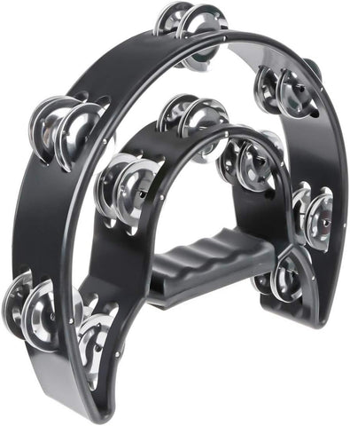 Half Moon Musical Tambourine Double Row Metal Jingles Hand Held Percussion Drum Multicolor for KTV Party with Ergonomic Handle Grip (Black)