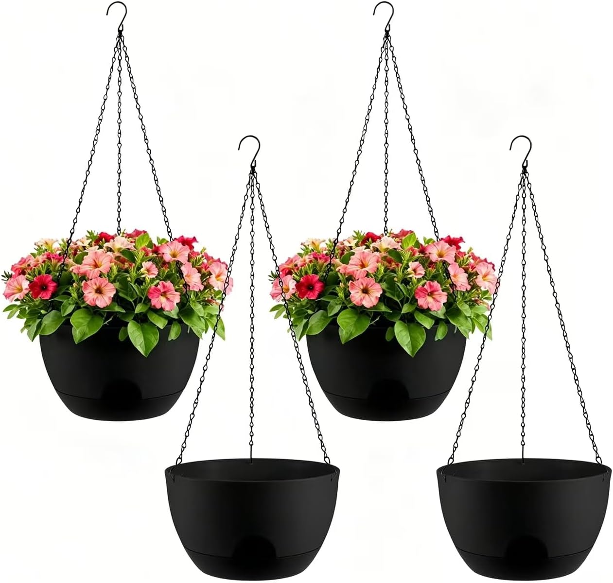 4-Piece Set of 8-Inch Hanging Planters with Automatic Watering System and Drip Tray, Includes Metal Chain, Suitable for Various Indoor and Outdoor Plants and Flowers,Pure Black