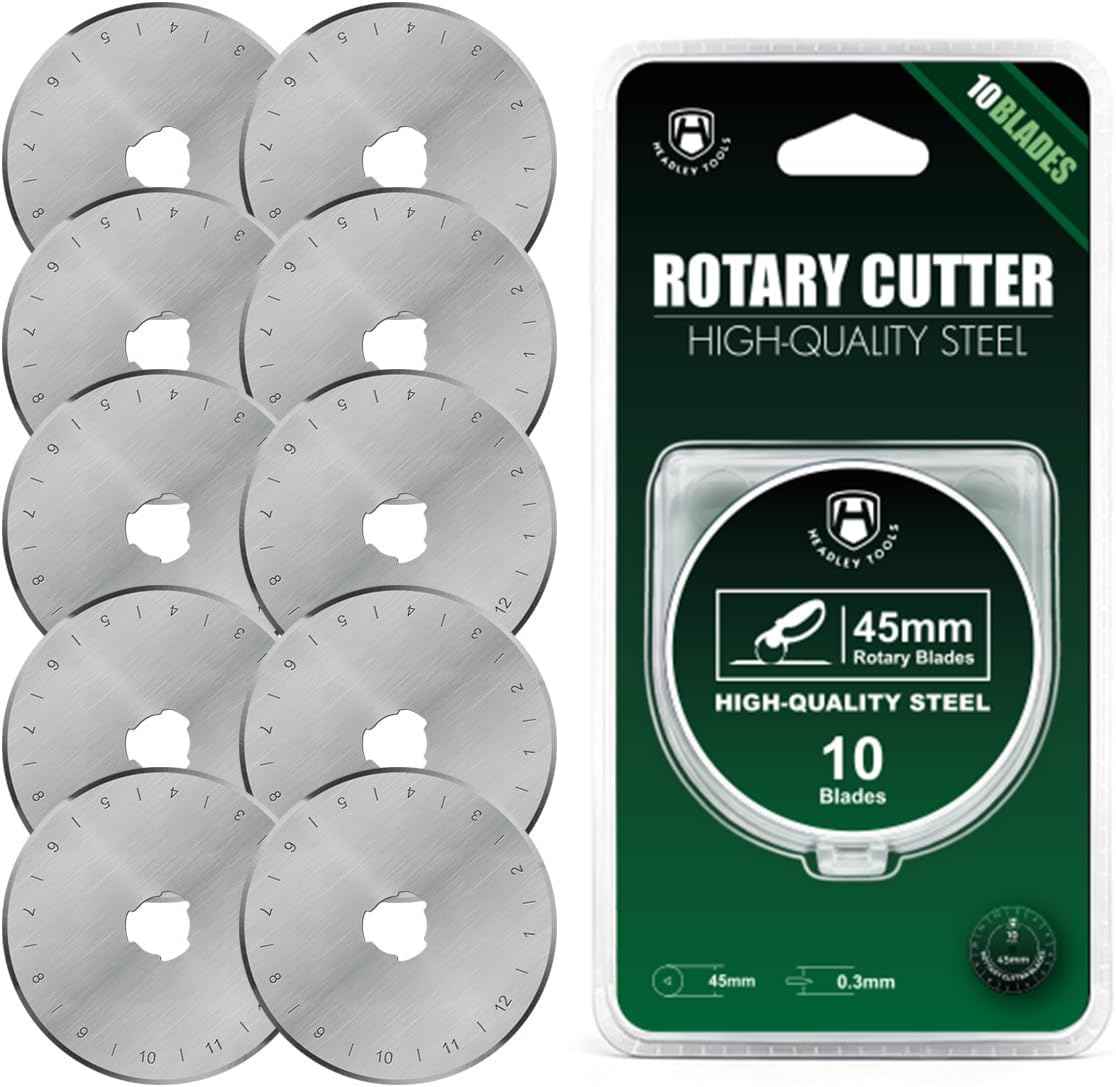 HEADLEY TOOLS 45mm Rotary Cutter Blades 10 Pack Fits Olfa, Fiskars, Replacement Rotary Blade for Arts Crafts Quilting Scrapbooking Sewing, Sharp and Durable