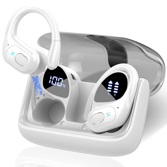 Aptkdoe Wireless Earbuds 75hrs Bluetooth 5.3 Headphone Sport, 2024 Bluetooth Earbuds Stereo Deep Bass Over Ear Bud with Earhooks, ENC Noise Cancelling Mic, IPX7 Waterproof Earphone White