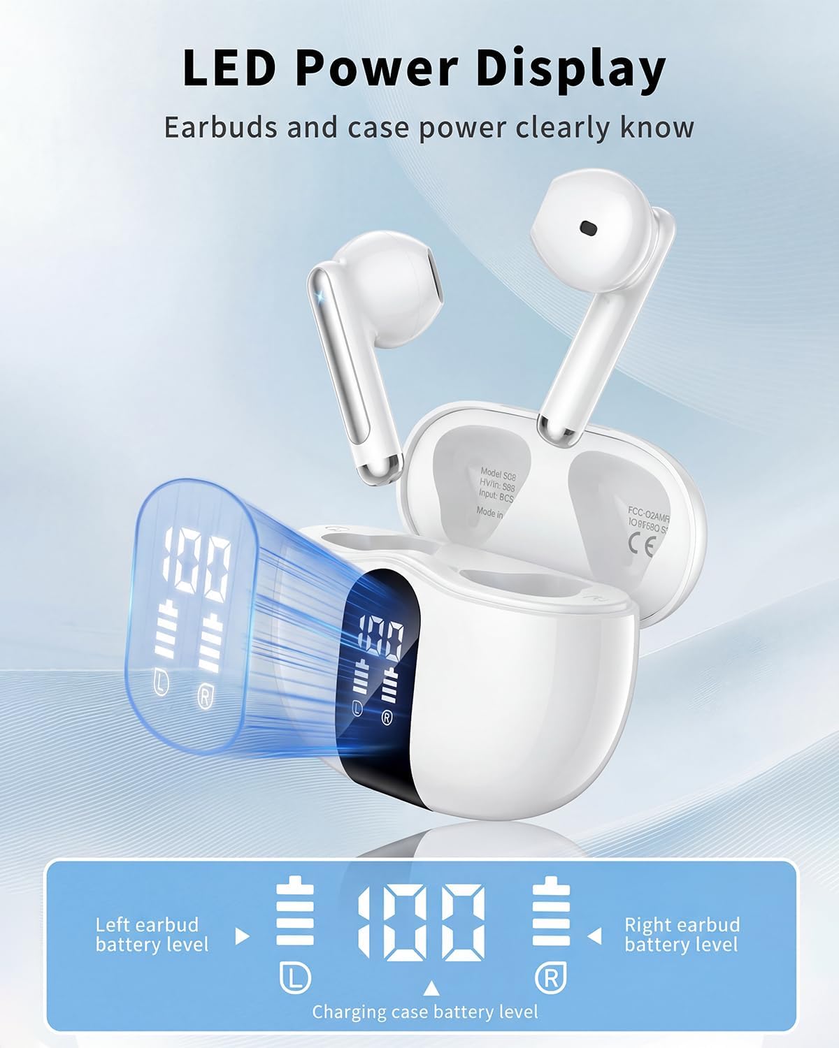 Wireless Earbuds, 2026 Bluetooth 5.4 Headphones Bass Stereo Ear Buds with Noise Cancelling Mic, LED Display in Ear Earphones 50H Playtime Ear Buds, IP7 Waterproof for Laptop Pad Phones Bright White