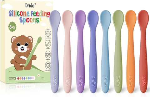 DRKIO 8 Pcs Silicone Baby Spoons Infant Utensils for First Stage Feeding