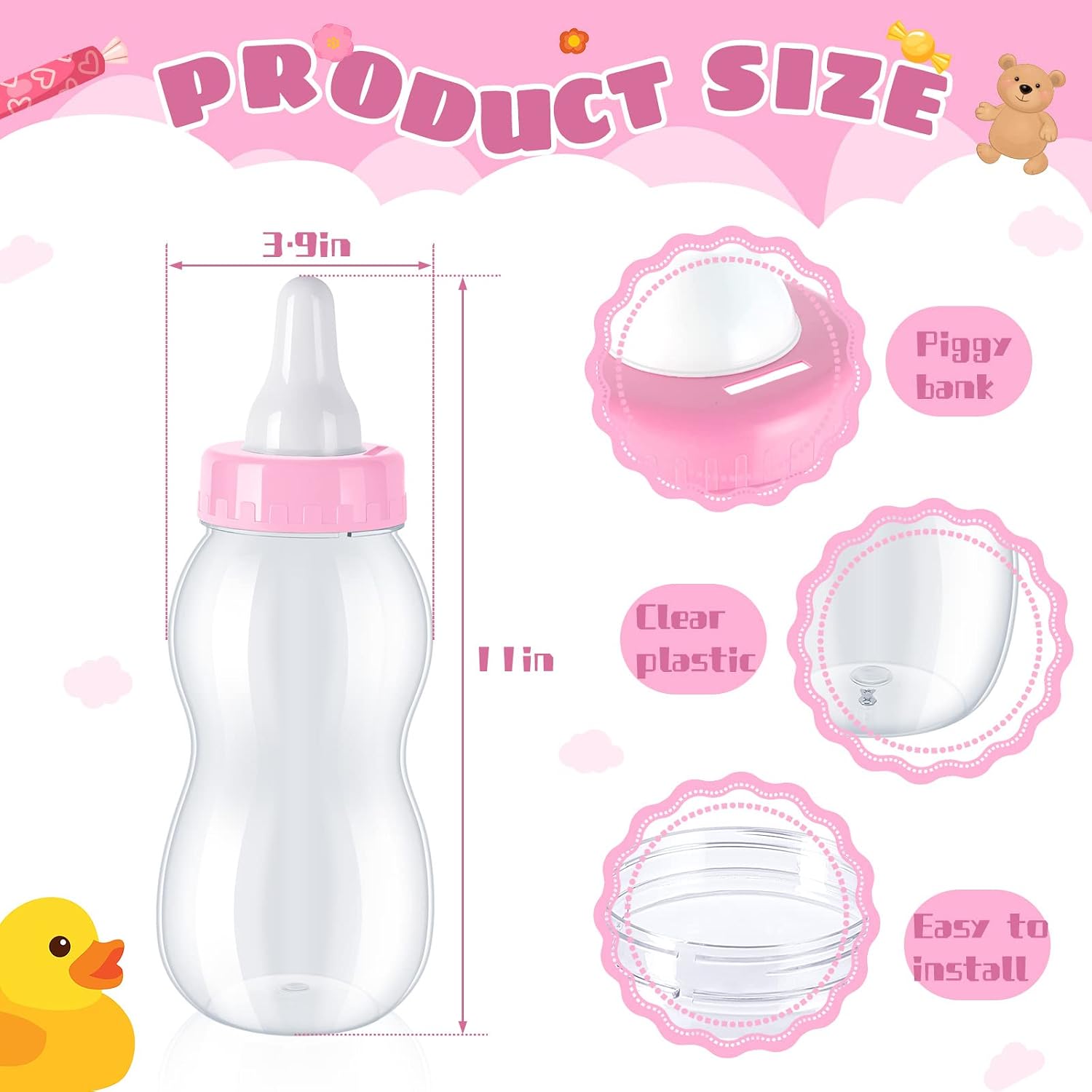 Tessco for you 2 Pcs 11in Jumbo Baby Bottle Bank Baby Shower, Pink