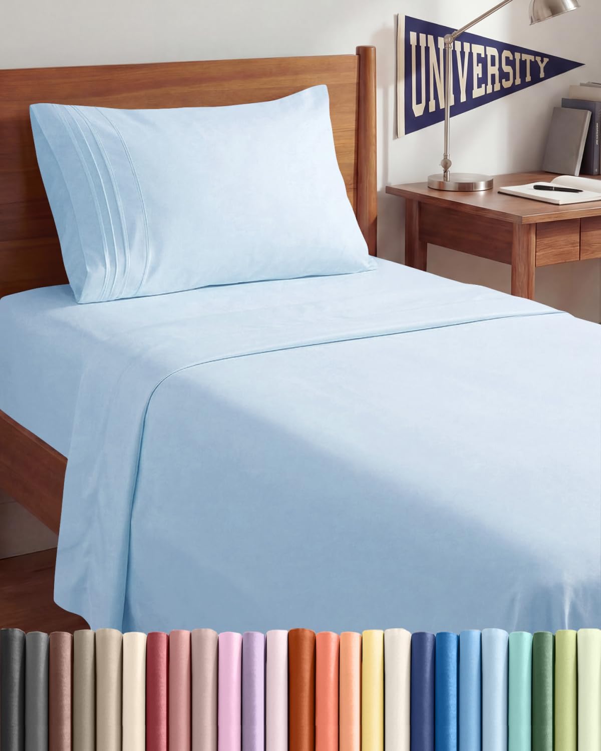 Twin XL 3 Piece Sheet Set - College Dorm Room Essentials - Light Blue