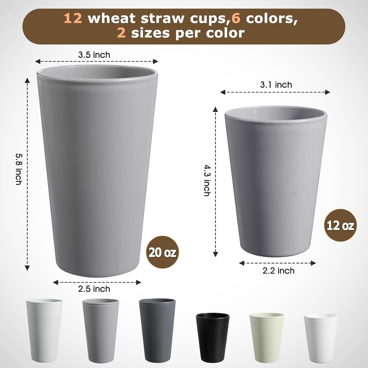 HEYCOME Set of 12 Wheat Straw Cups, 6 Pcs 20 oz & 6 Pcs 12 oz Unbreakable Drinking Cups, Reusable Plastic Cups Sets, Water Glasses Tumblers, Microwave & Dishwasher Safe, Bpa Free, 6 Colors