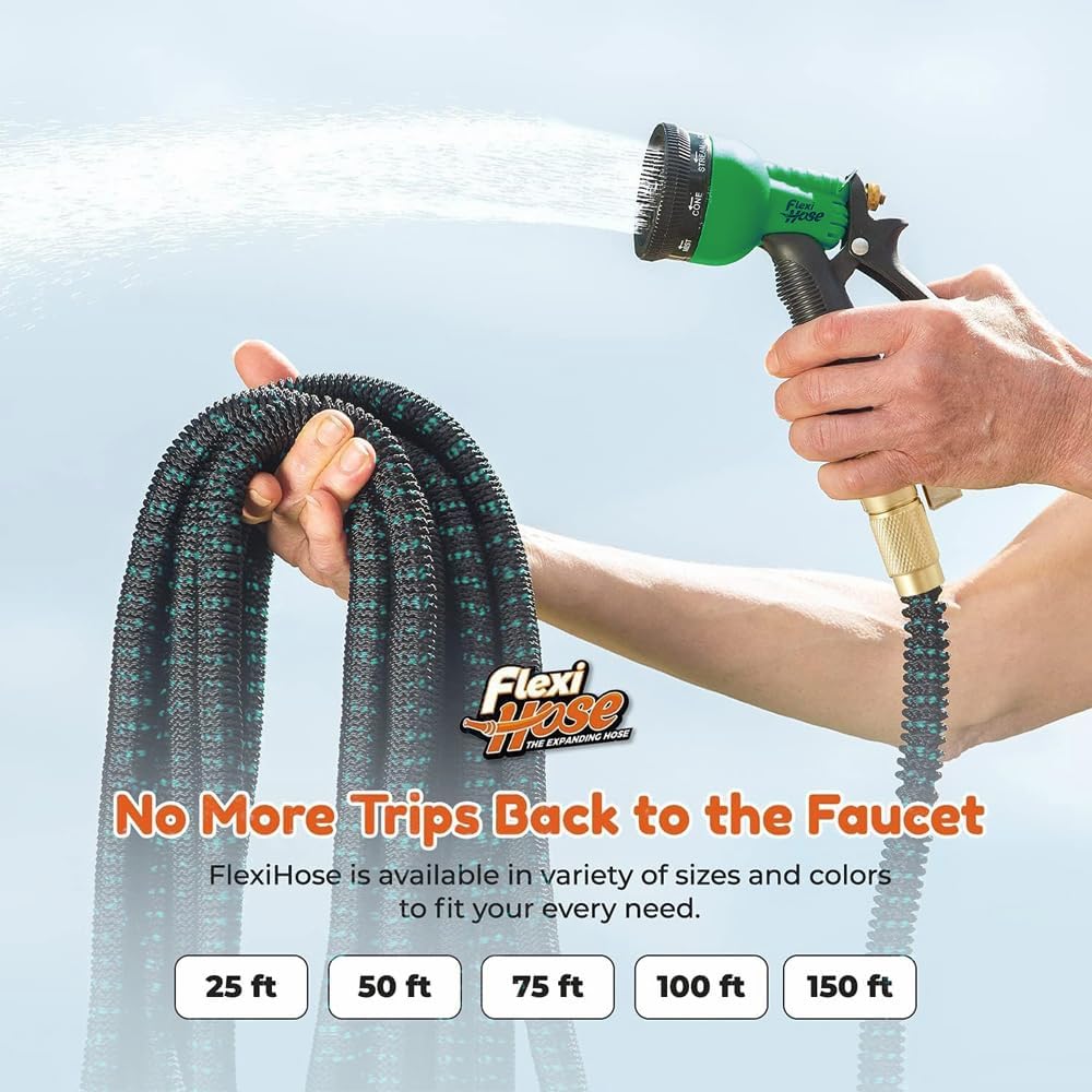 Flexi Hose with 8 Function Nozzle, 100FT - Lightweight Expandable Garden Hose, No-Kink Flexibility, 3/4 Inch Solid Brass Fittings and Double Latex Core - Black and Green
