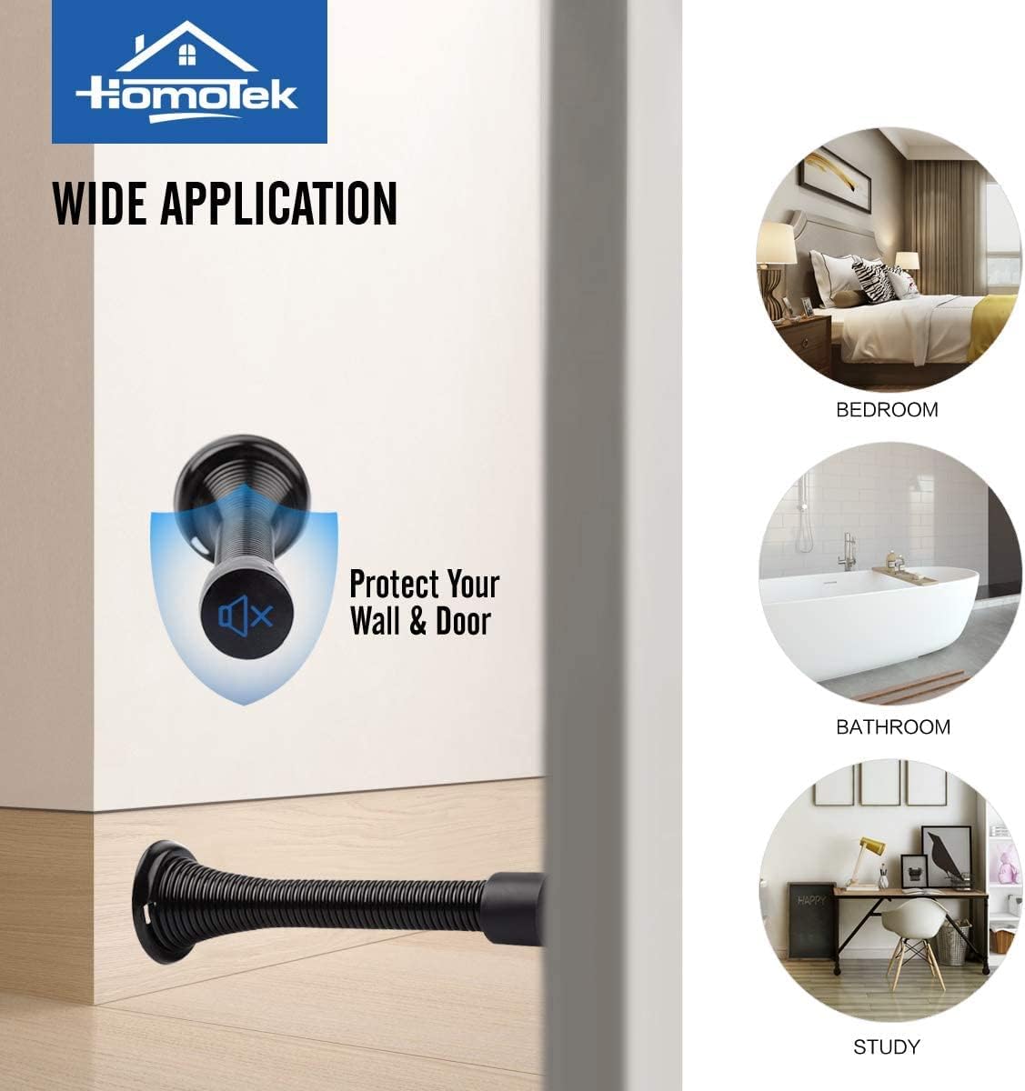 HOMOTEK 1 Pack Black Spring Door Stops,3-1/8" Heavy Duty Door Stop - Flexible Spring Door Stopper with Low Mounted Black Rubber Bumper Tips