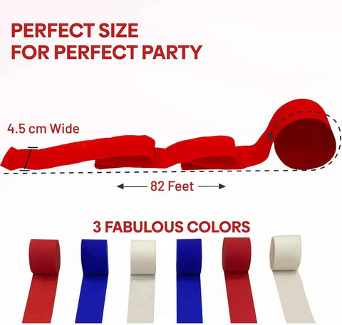 6 Red White Blue Streamers, 492ft Pack of Crepe Paper Party Decorations