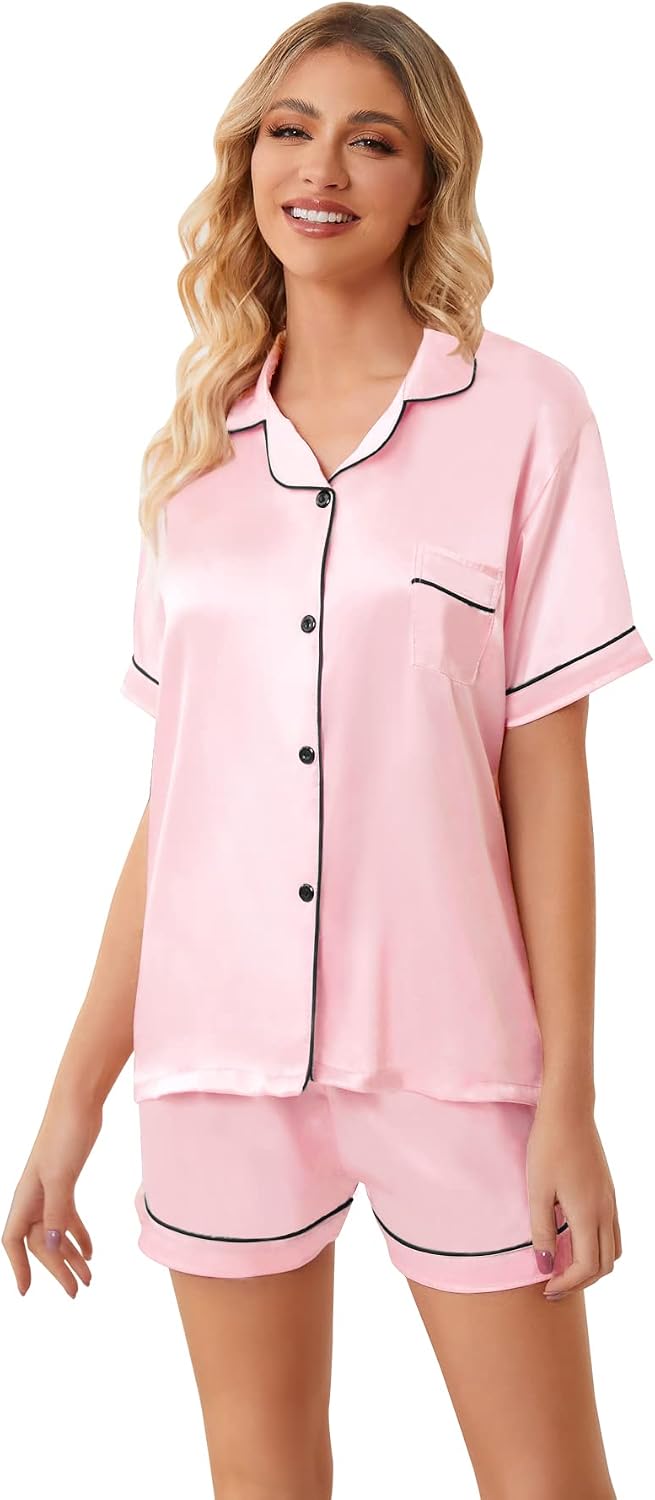 Umeyda Women & Girls Pajamas Set, Soft Satin Lightweight Silk Button-Down Top with Shorts 2 Piece PJS for Mom Boys Kids Gifts