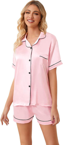 Umeyda Women & Girls Pajamas Set, Soft Satin Lightweight Silk Button-Down Top with Shorts 2 Piece PJS for Mom Boys Kids Gifts