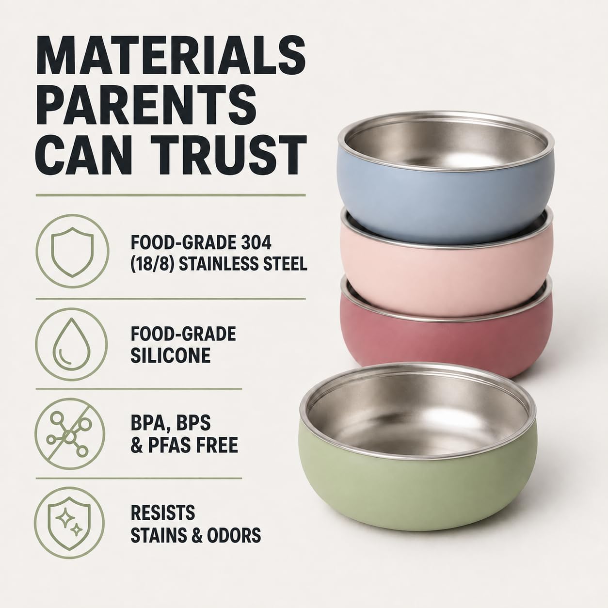 Monkey Proof™ Non-Toxic Stainless Steel Child Bowl 5” with Non-Slip Silicone Shell, Multi-color, (Set of 4 bowls) Unbreakable, Mess Free Feeding for Babies, Toddlers, Kids, BPA free