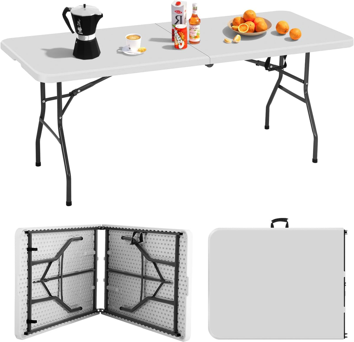 6FT Folding Table, Heavy Duty Plastic Table Portable Fold-in-Half Utility Table Indoor Outdoor Picnic Table w/Handle & Lock for Camping BBQ Party Wedding Market Events, 500LBS