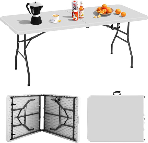 6FT Folding Table, Heavy Duty Plastic Table Portable Fold-in-Half Utility Table Indoor Outdoor Picnic Table w/Handle & Lock for Camping BBQ Party Wedding Market Events, 500LBS