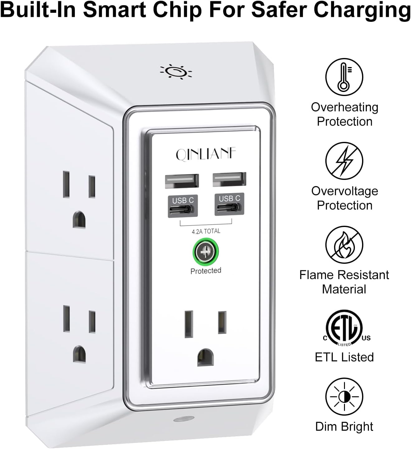 Surge Protector, QINLIANF 5 Outlet Extender with 4 USB Ports(2USB-C)