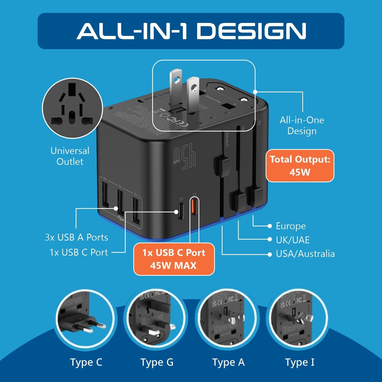 Ceptics 45W Universal Travel Adapter w/ 3 USB-A, 2 USB-C & Universal Input