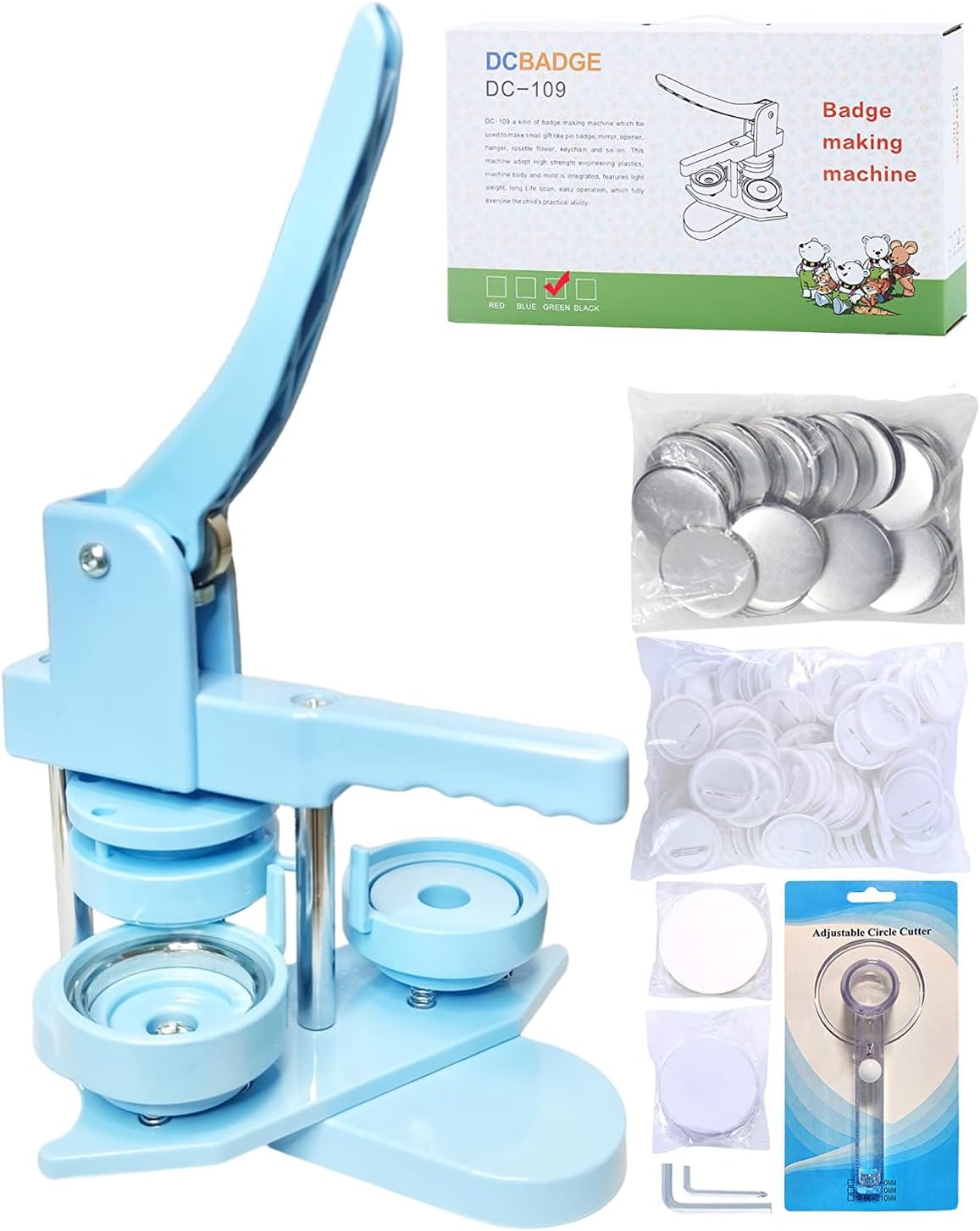 DCBADGE Button Maker Machine, Button Pin Maker (3rd Gen) Installation-Free DIY, Button Press Machine Kit with Free Button Parts&Circle Cutter&Wrench Gadget (Light Blue, 58mm（2.25in）)