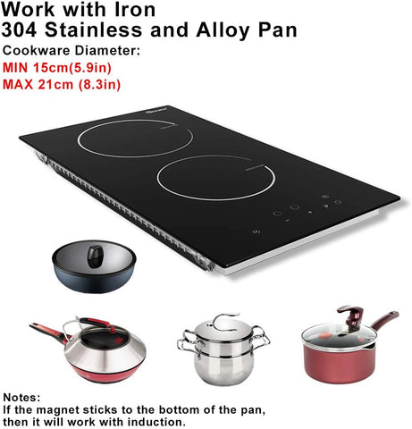 Induction Cooktop 12 Inch, 220V~240V, 2 Burners Electric Cooktop,3500W, 12'' Built-in Double Electric Stove Top Countertop Cooker with Hard Wire,No Plug