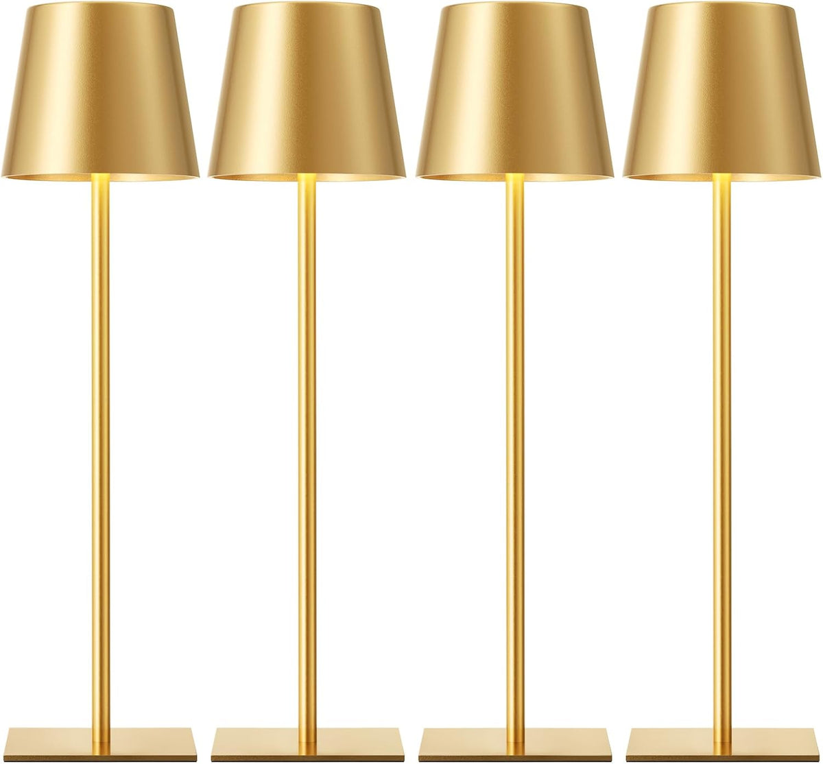 Kakanuo Gold Cordless Rechargeable Table Lamp, 4 Pack Portable Desk Lamp with 5000mAh Battery, Touch Control Stepless Dimming, Wireless Night Light for Dining, Outdoor Camping, Coffee Shop