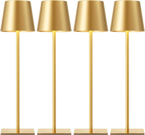 Kakanuo Gold Cordless Rechargeable Table Lamp, 4 Pack Portable Desk Lamp with 5000mAh Battery, Touch Control Stepless Dimming, Wireless Night Light for Dining, Outdoor Camping, Coffee Shop