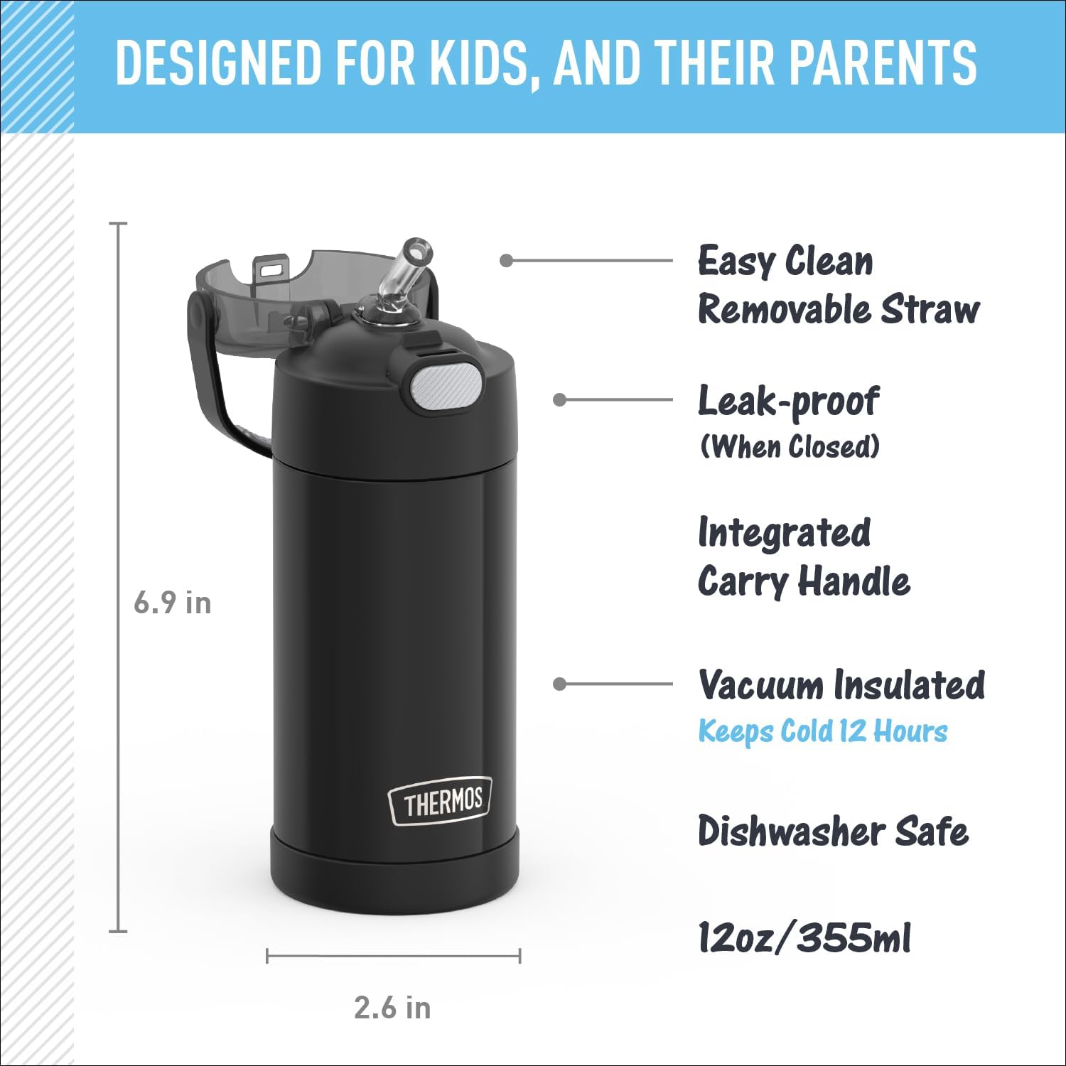 THERMOS FUNTAINER Water Bottle with Straw, 12oz, Black