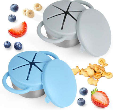 Daximo 2 Pack Snack Cups for Toddlers Spill Proof - Detachable Stainless Steel Toddler Snack Cups with Silicone Lids & Handles - Dishwasher Safe Snack Container (Matte Blue and Matte Green)