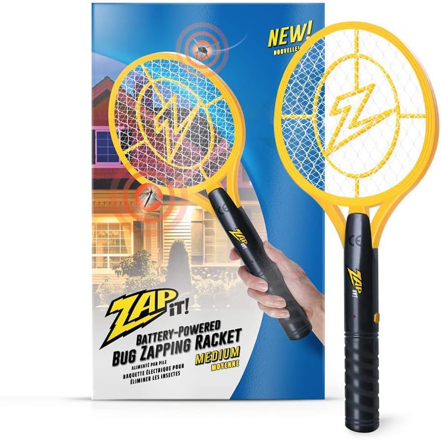 ZAP IT! Battery Powered Fly Swatter Racket - 3,500-Volt Mosquito Zapper with 2 AA Batteries Included and LED Light -Medium- Safe 3-Layer Mesh, Dark Yellow, Bug Zapper Racquet for Indoors and Outdoors