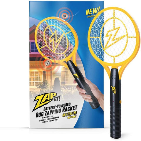 ZAP IT! Battery Powered Fly Swatter Racket - 3,500-Volt Mosquito Zapper with 2 AA Batteries Included and LED Light -Medium- Safe 3-Layer Mesh, Dark Yellow, Bug Zapper Racquet for Indoors and Outdoors